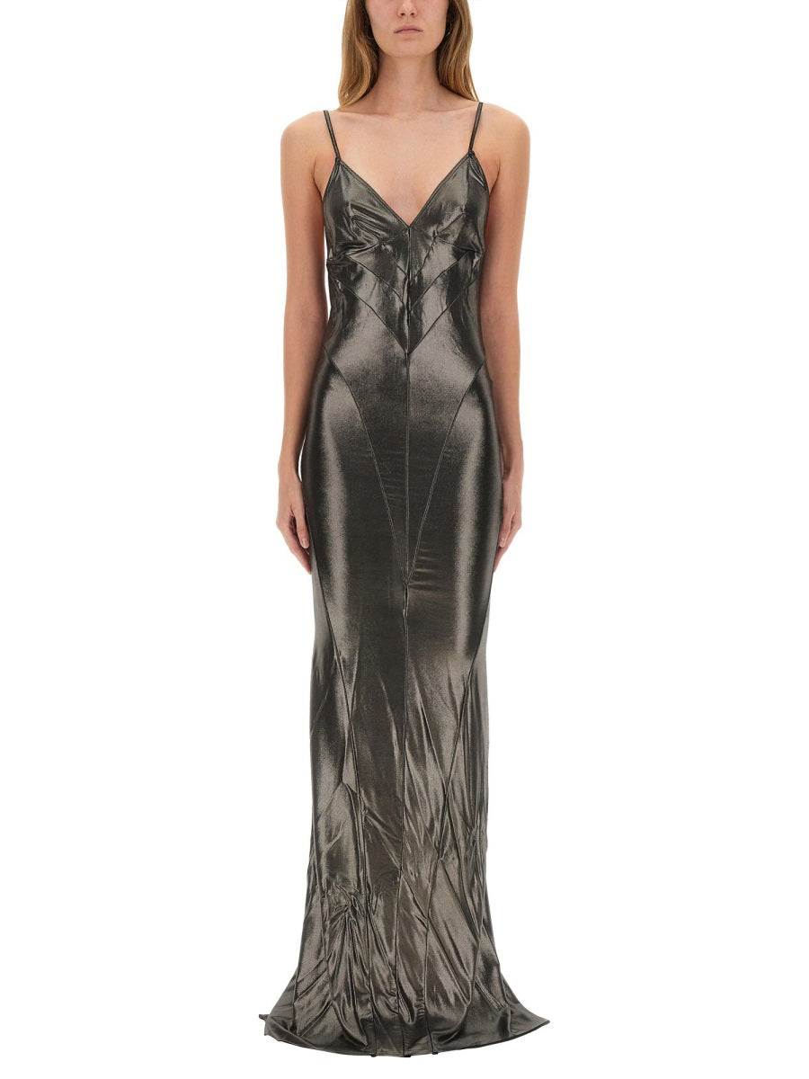 rick owens metallic dress Elegant Evening | Rent Prong Gown FIT Model measurements Rick Owens Purple Oil-slick Bodice