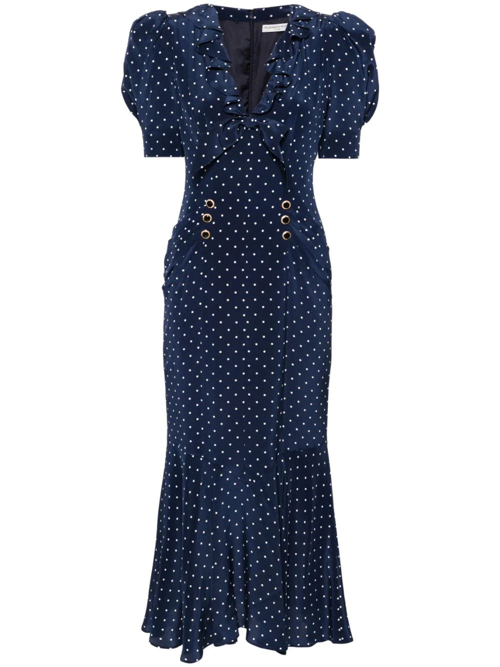 alessandra rich polka dot midi dress Polka-Dot Silk Midi Dress With Lace Detail