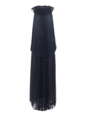 Fabiana Filippi Abito Lungo Collo Vogatore Con Balza In Tulle Plisse' Soleil Color Blu Notte