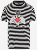 Black Score Cotton T Shirt With Striped Pattern
