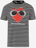 Black Score Cotton T Shirt With Print And Striped Pattern