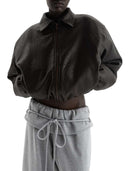 Magda Butrym Cropped Dark Brown Leather Bomber Jacket