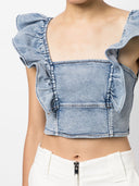Ganni Organic Cotton Denim Ruffled Top
