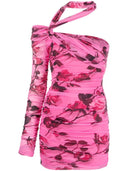 Blumarine Rose Print One Shoulder Mini Dress