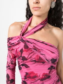 Blumarine Rose Print One Shoulder Mini Dress