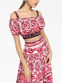 Dolce & Gabbana Maiolica Printed Cotton Cropped Top With Short Sleeves