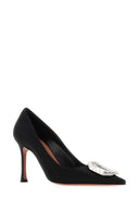 Amina Muaddi Black Satin Camelia Pumps