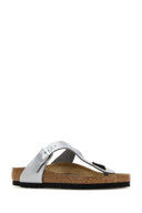 Birkenstock silberne Gizeh-Tanga-Hausschuhe aus Leder