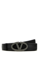 Valentino Garavani Black Leather V Logotipo The Bold Edition Belt