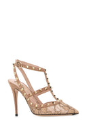 Valentino Garavani Powder Pink Lace And Suede Rockstud Pumps