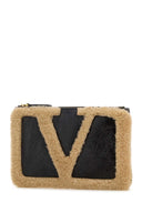 Valentino Garavani Two Tone Shearling V Logo Signature Clutch