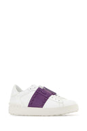 Valentino Garavani White Leather Rockstud Untitled Sneakers With Purple Band