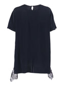 Fabiana Filippi Top Manica Corta In Crepe De Chine Con Pizzo Al Fondo Color Blu Notte