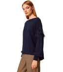 Twinset Blauer Pullover mit Federn