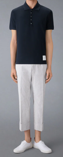 Thom Browne Short Sleeve Rib Cuff Polo W/ Engineered 4 Bar Stripe In Classic Pique