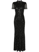 فستان سيلف بورتريه أسود طويل شبكي مرصع بأحجار الراين