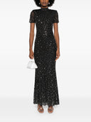 فستان سيلف بورتريه أسود طويل شبكي مرصع بأحجار الراين