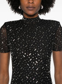 فستان سيلف بورتريه أسود طويل شبكي مرصع بأحجار الراين