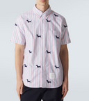Thom Browne Straight Fit Bd S/S Shirt W/ Satin Stitch Half Drop Hector In 4 Bar Repp Stripe Oxford