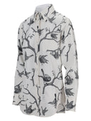 Thom Browne Classic Long Sleeve Button Down Point Collar Shirt In Engineered Bird Toile Printed Silk Twill