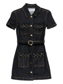 Self Portrait Indigo Denim Crystal Trim Mini Dress