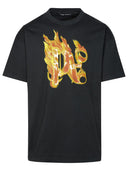 تي شيرت من القطن باللون الأسود مطبوع عليه عبارة "Burning Monogram" من Palm Angels