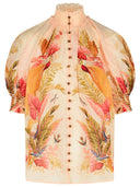 Zimmermann 'Billow' Ramie Puff Blouse in 'Cream Palm Floral'