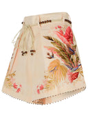 Zimmermann 'Tuck' Linen Pleated Shorts In 'Cream Palm Floral' Color