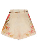 Zimmermann 'Tuck' Linen Pleated Shorts In 'Cream Palm Floral' Color