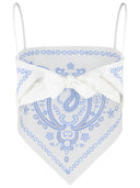 Self Portrait Embroidered Top In White And Blue Linen Blend