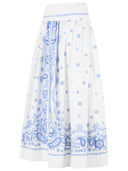 Self Portrait Embroidered Midi Skirt In White And Blue Cotton