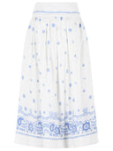 Self Portrait Embroidered Midi Skirt In White And Blue Cotton