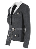 Self Portrait Ribbed Cardigan In Grey Viscose Blend