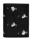 Thom Browne Double Card Holder W/ Goose Half Drop Embroidery In Pebble Grain Leather