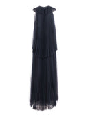 Fabiana Filippi Abito Lungo Collo Vogatore Con Balza In Tulle Plisse' Soleil Color Blu Notte