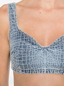 Selbstporträt-Denim-Bralette mit Strass und Kroko-Effekt