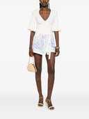 Self Portrait White And Blue Embroidered Linen Skort
