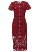 Self Portrait Midi Dress In Red Guipure Lace With Buttons
