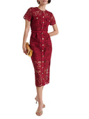 Self Portrait Midi Dress In Red Guipure Lace With Buttons