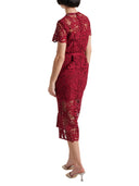 Self Portrait Midi Dress In Red Guipure Lace With Buttons