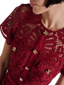 Self Portrait Midi Dress In Red Guipure Lace With Buttons
