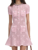 Self Portrait Pink Crochet Bow Mini Dress With Crystal Trim