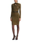 Self Portrait Ribbed Knit Mini Dress With Cut Outs In Khaki