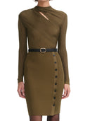 Self Portrait Ribbed Knit Mini Dress With Cut Outs In Khaki