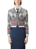Thom Browne Argyle Jersey Intarsia Shrunken V Neck Cardigan In Chunky Merino Wool W/ Rwb Stripe