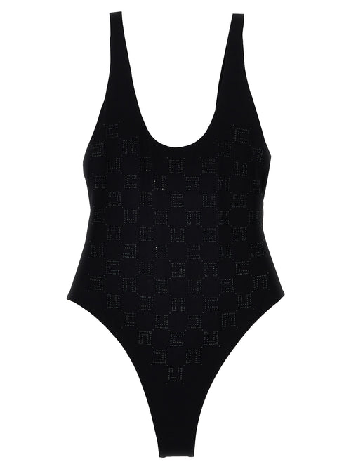 Elisabetta Franchi Rhinestone Logo One Piece Swimsuit