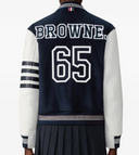 Thom Browne Relaxed Fit Varsity Jacket W/Leather Sleeves W/ Applique "Browne 65" Wool And Felt Zig Zag Stitch In