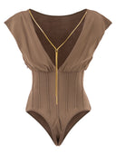 Elisabetta Franchi Knit Bodysuit With Deep Neckline And Jewel Detail