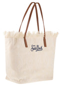 Mc2 Saint Barth Embroidered Canvas Beach Tote Bag With Leather Handles