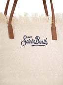 Mc2 Saint Barth Embroidered Canvas Beach Tote Bag With Leather Handles